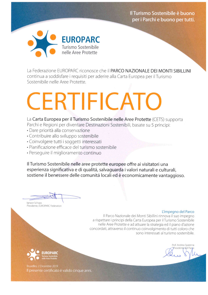 certificato rilasciato da Europark