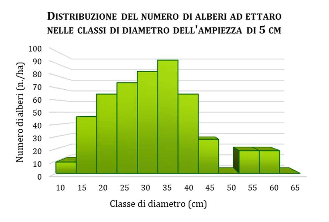 Distribuzione del numero di alberi ad ettaro nelle classi di diametro dell'ampiezza di 5 cm